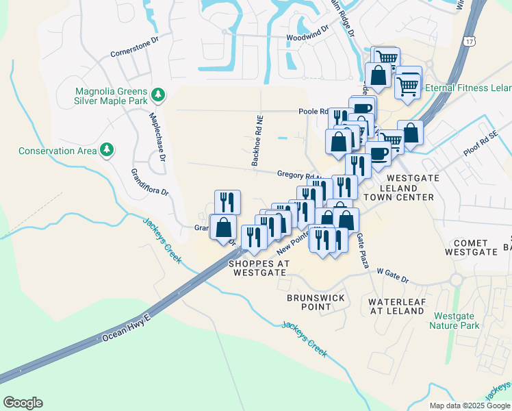 map of restaurants, bars, coffee shops, grocery stores, and more near 35 Benton Brown Way Northeast in Leland