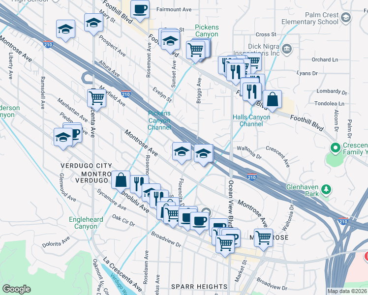 map of restaurants, bars, coffee shops, grocery stores, and more near 2415 Mayfield Avenue in La Crescenta-Montrose
