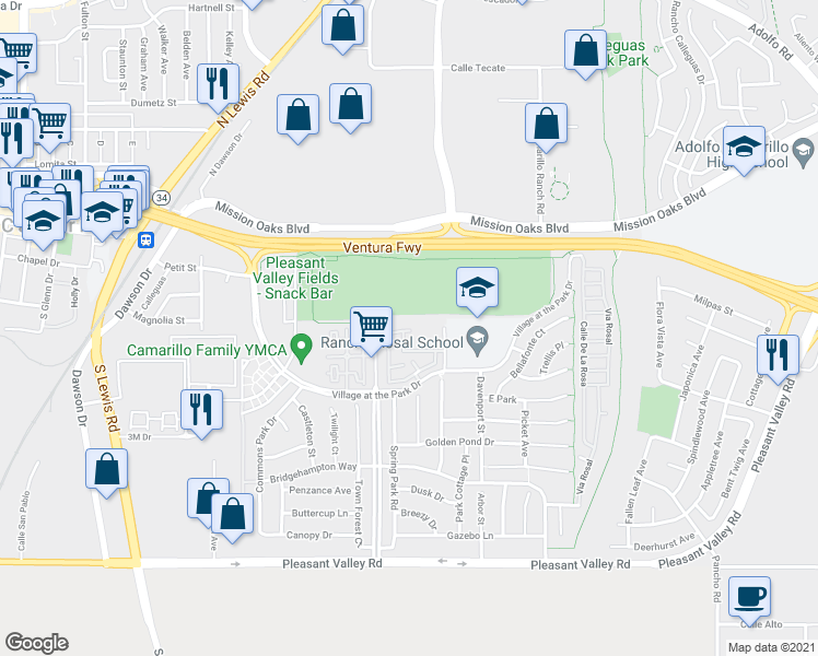 map of restaurants, bars, coffee shops, grocery stores, and more near 3325 Shadetree Way in Camarillo