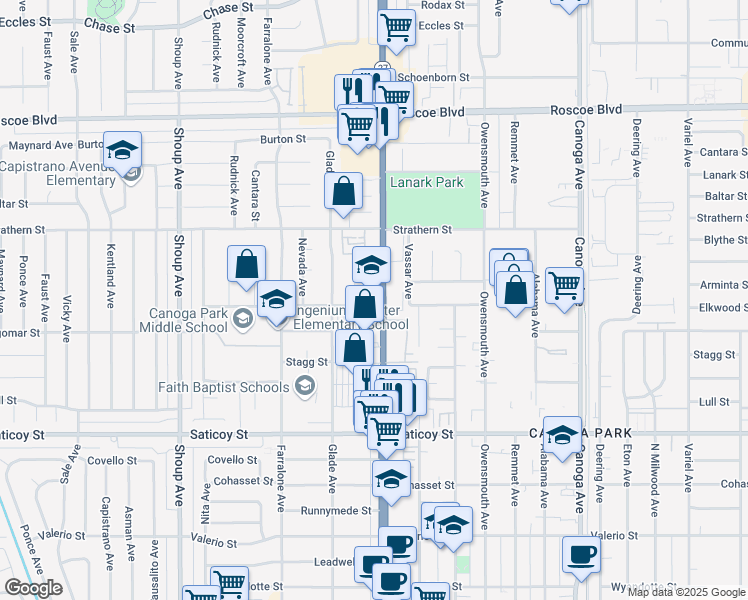 map of restaurants, bars, coffee shops, grocery stores, and more near 7839 Topanga Canyon Blvd in Canoga Park