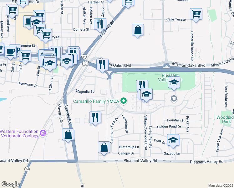 map of restaurants, bars, coffee shops, grocery stores, and more near 201 Westpark Court in Camarillo