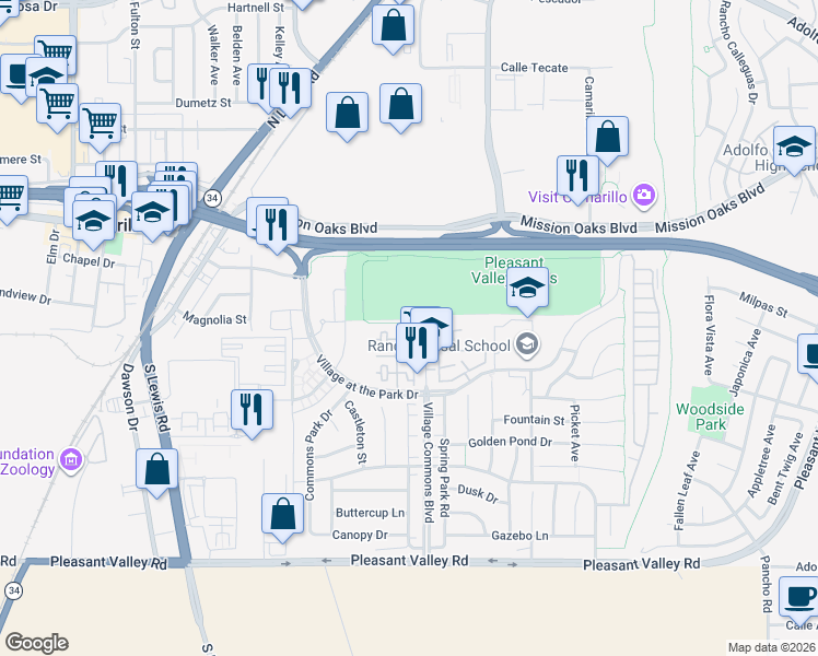 map of restaurants, bars, coffee shops, grocery stores, and more near 208 Riverdale Court in Camarillo