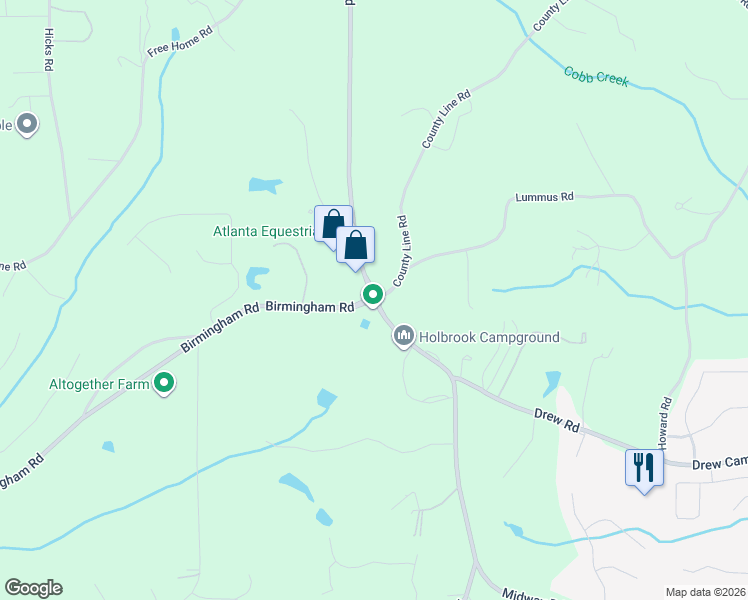 map of restaurants, bars, coffee shops, grocery stores, and more near 30004 Birmingham Highway in Alpharetta