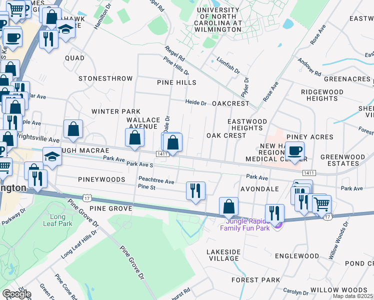 map of restaurants, bars, coffee shops, grocery stores, and more near 208 Jordan Lane in Wilmington