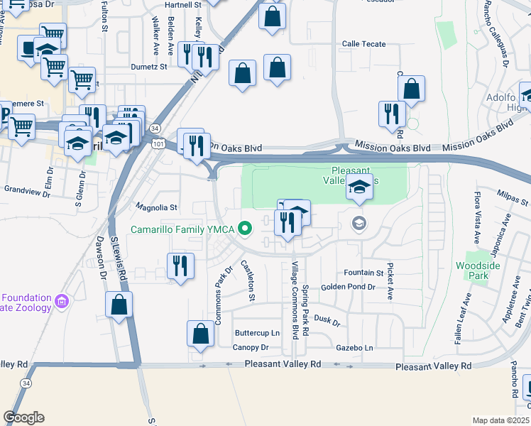 map of restaurants, bars, coffee shops, grocery stores, and more near 209 Riverdale Court in Camarillo