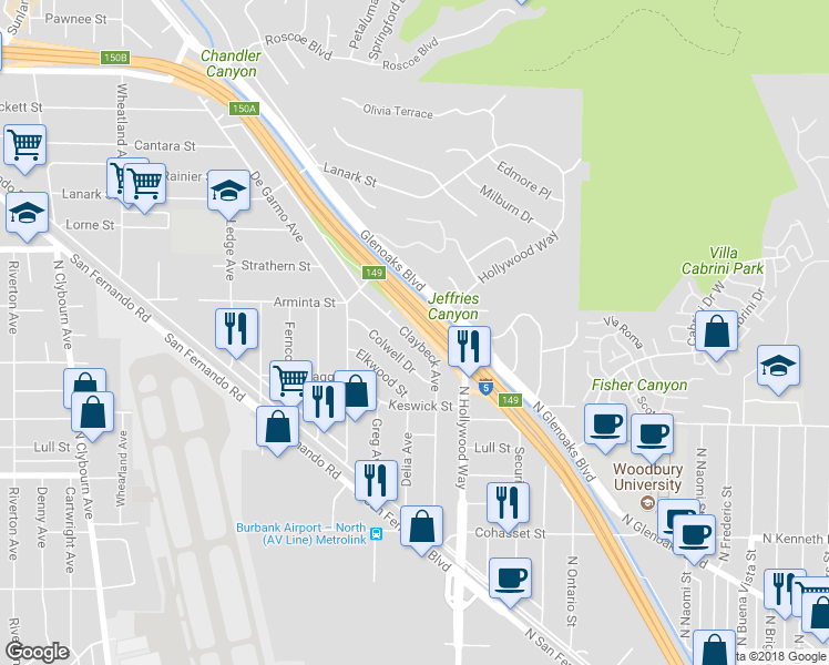 map of restaurants, bars, coffee shops, grocery stores, and more near 7836 Claybeck Avenue in Los Angeles