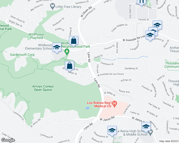 map of restaurants, bars, coffee shops, grocery stores, and more near 447 Shenandoah Street in Thousand Oaks