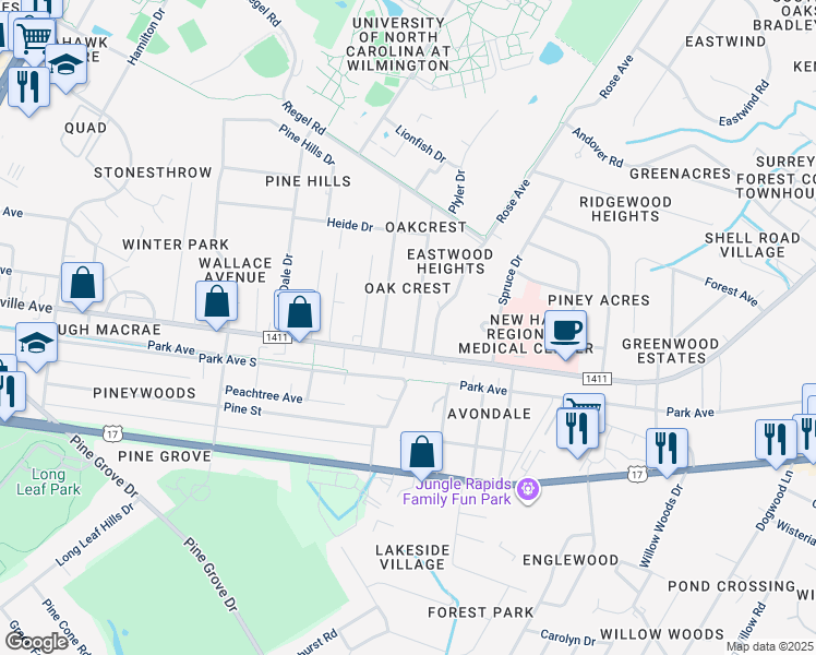 map of restaurants, bars, coffee shops, grocery stores, and more near 207 Oakcrest Drive in Wilmington