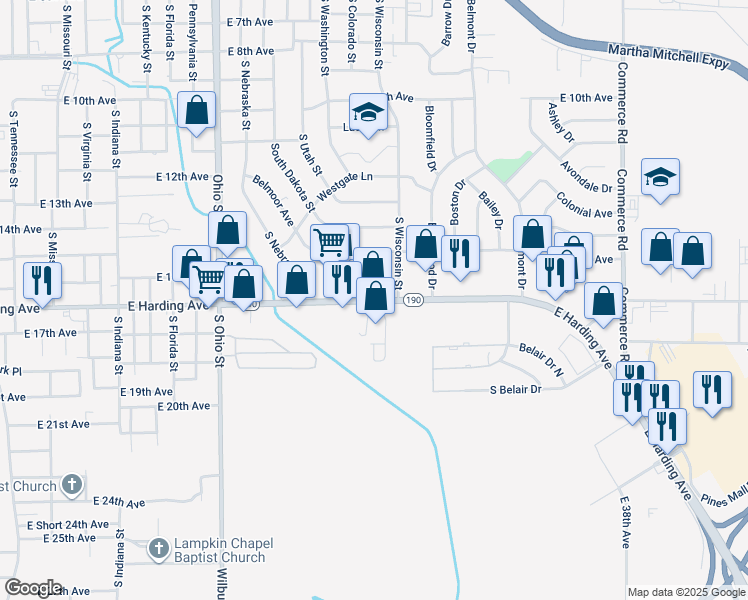 map of restaurants, bars, coffee shops, grocery stores, and more near 1803 East Harding Avenue in Pine Bluff