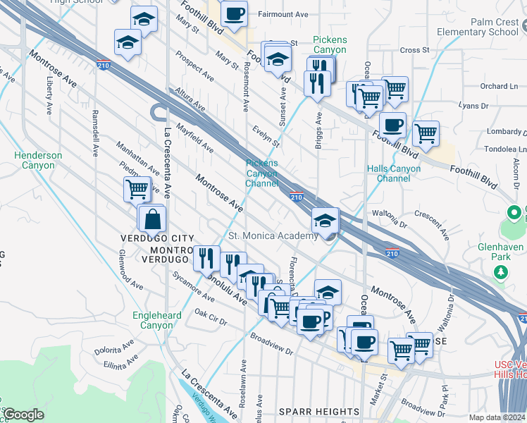 map of restaurants, bars, coffee shops, grocery stores, and more near 2504 Fairway Avenue in La Crescenta-Montrose