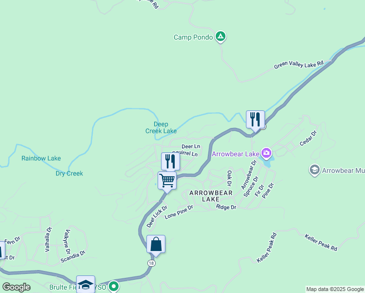 map of restaurants, bars, coffee shops, grocery stores, and more near Deer Lane in Running Springs