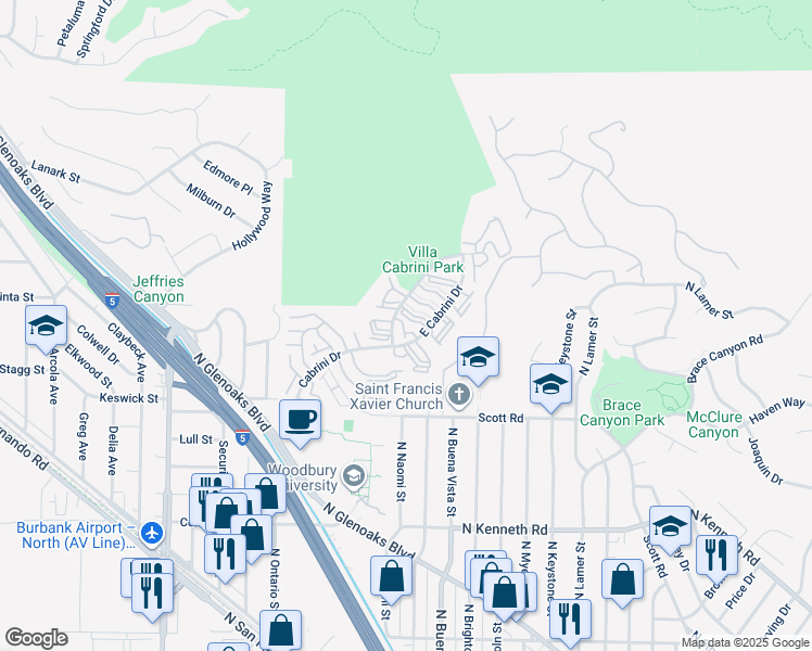map of restaurants, bars, coffee shops, grocery stores, and more near 9531 Vía Ricardo in Burbank