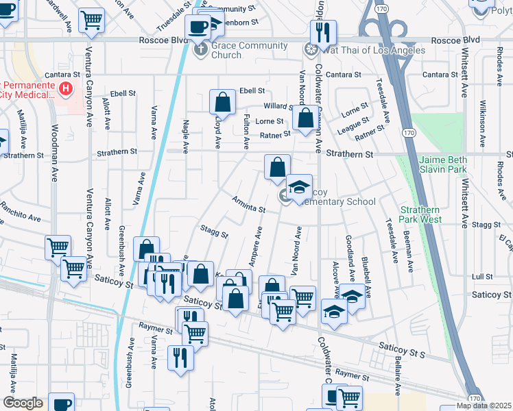 map of restaurants, bars, coffee shops, grocery stores, and more near 13113 Arminta Street in Los Angeles