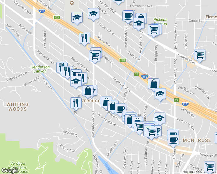 map of restaurants, bars, coffee shops, grocery stores, and more near 2705 Piedmont Avenue in Glendale