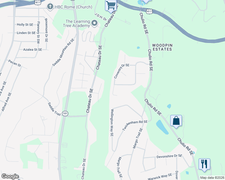 map of restaurants, bars, coffee shops, grocery stores, and more near 26 Coventry Drive Southeast in Rome