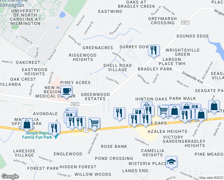 map of restaurants, bars, coffee shops, grocery stores, and more near 5551 Wrightsville Avenue in Wilmington