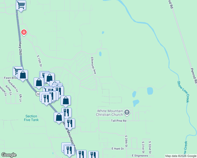 map of restaurants, bars, coffee shops, grocery stores, and more near 2429 Ellsworth Avenue in Show Low