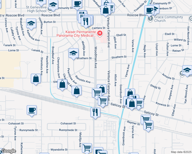 map of restaurants, bars, coffee shops, grocery stores, and more near 7830 Woodman Avenue in Los Angeles