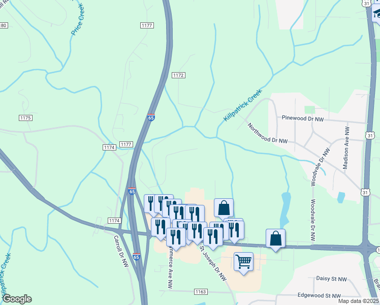 map of restaurants, bars, coffee shops, grocery stores, and more near 2164 Kilpatrick LN in Cullman