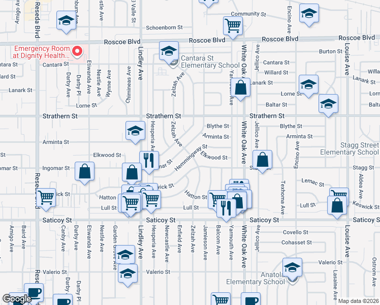 map of restaurants, bars, coffee shops, grocery stores, and more near 17847 Hemmingway Street in Los Angeles