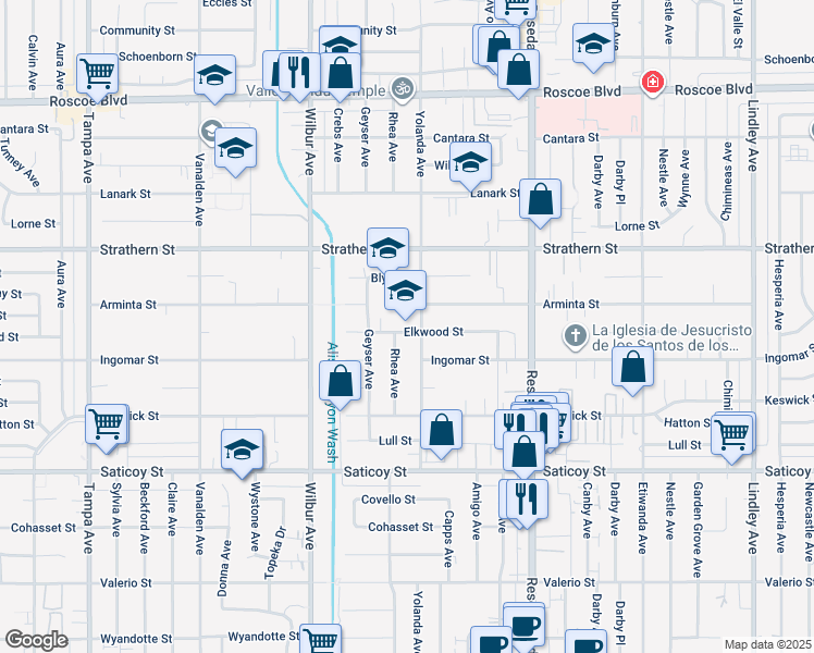 map of restaurants, bars, coffee shops, grocery stores, and more near 18741 Elkwood Street in Los Angeles