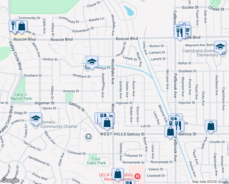 map of restaurants, bars, coffee shops, grocery stores, and more near 7854 Woodlake Avenue in Los Angeles