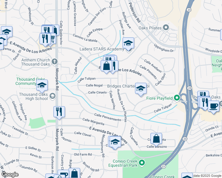 map of restaurants, bars, coffee shops, grocery stores, and more near 2555 Avenida De Las Plantas in Thousand Oaks
