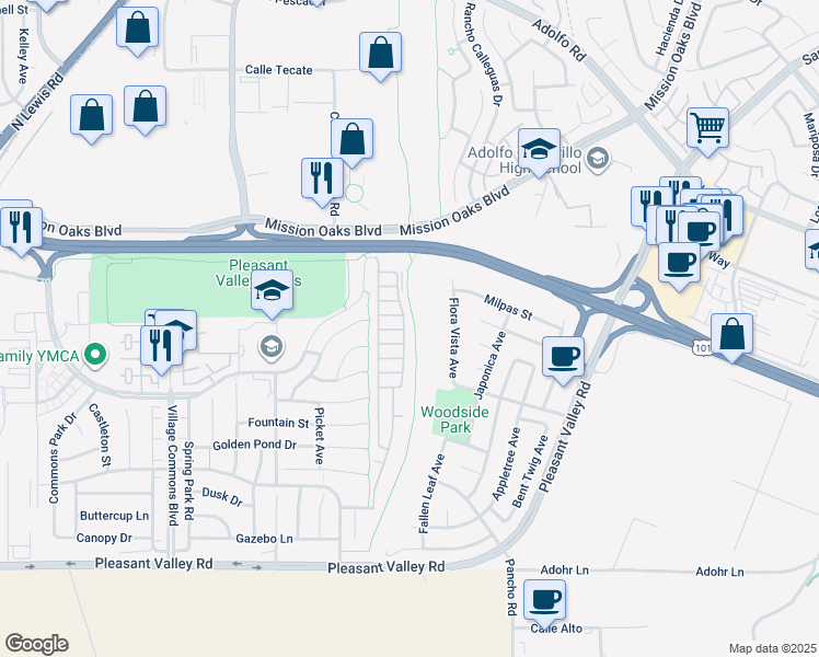 map of restaurants, bars, coffee shops, grocery stores, and more near 20 Via Rosal in Camarillo