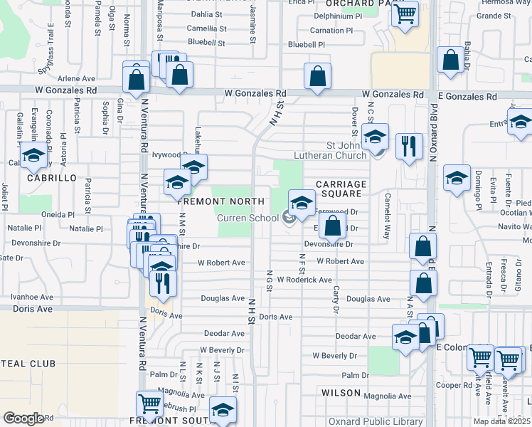 map of restaurants, bars, coffee shops, grocery stores, and more near 1201 North G Street in Oxnard