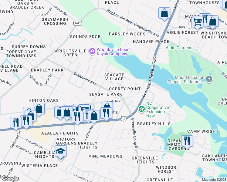 map of restaurants, bars, coffee shops, grocery stores, and more near 116 Greenville Avenue in Wilmington