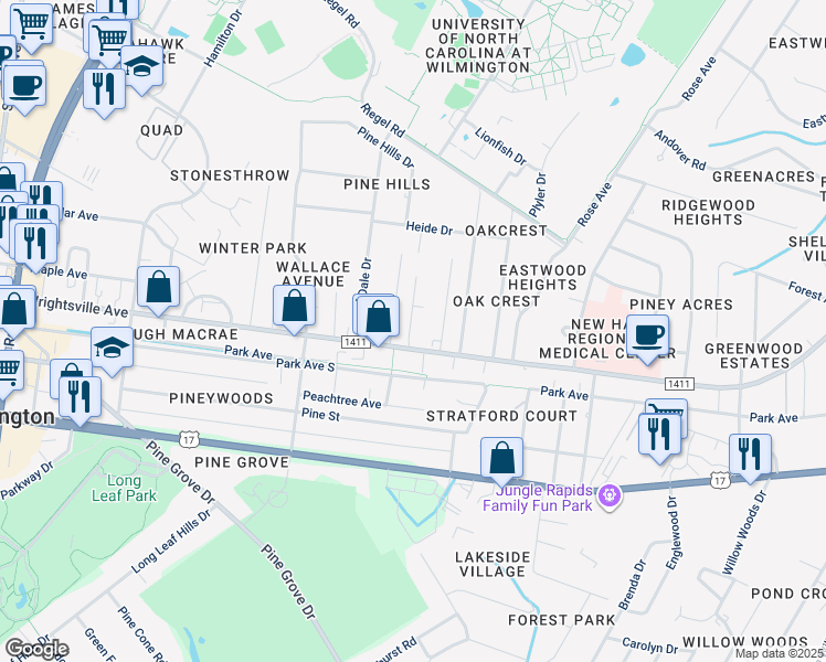 map of restaurants, bars, coffee shops, grocery stores, and more near 212 Woodland Drive in Wilmington