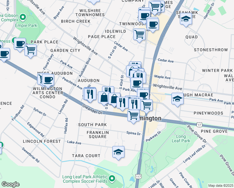 map of restaurants, bars, coffee shops, grocery stores, and more near 4214 Park Avenue in Wilmington