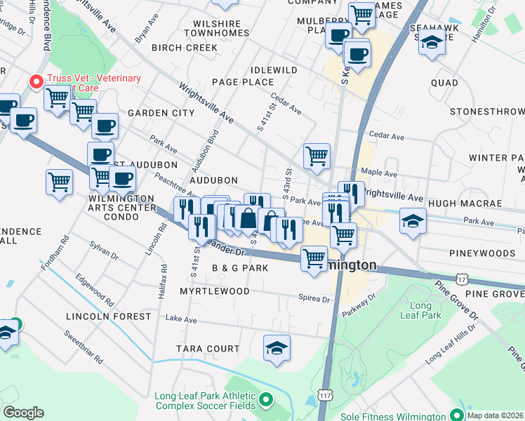 map of restaurants, bars, coffee shops, grocery stores, and more near 4120 Park Avenue in Wilmington