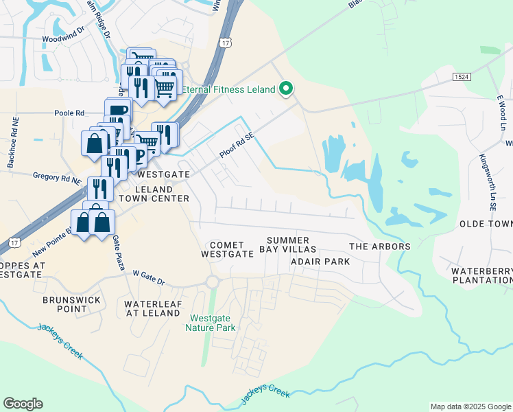 map of restaurants, bars, coffee shops, grocery stores, and more near 257 Ray Court in Leland