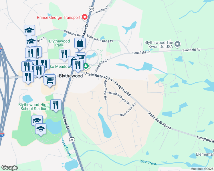 map of restaurants, bars, coffee shops, grocery stores, and more near 300-346 State Road S-40-54 in Blythewood