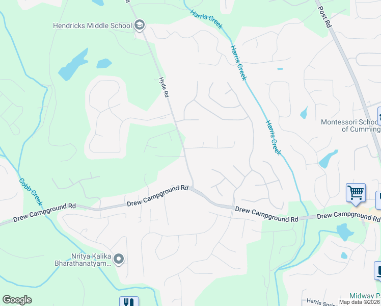 map of restaurants, bars, coffee shops, grocery stores, and more near 5310 Harris Creek Drive in Cumming