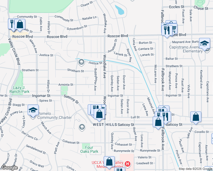 map of restaurants, bars, coffee shops, grocery stores, and more near 7854 Woodlake Avenue in Los Angeles