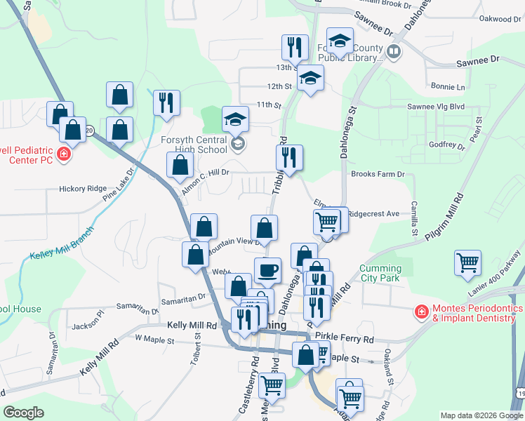 map of restaurants, bars, coffee shops, grocery stores, and more near 440 Tribble Gap Road in Cumming