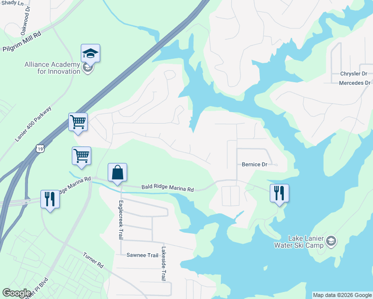 map of restaurants, bars, coffee shops, grocery stores, and more near 1745 Watercrest Drive in Cumming
