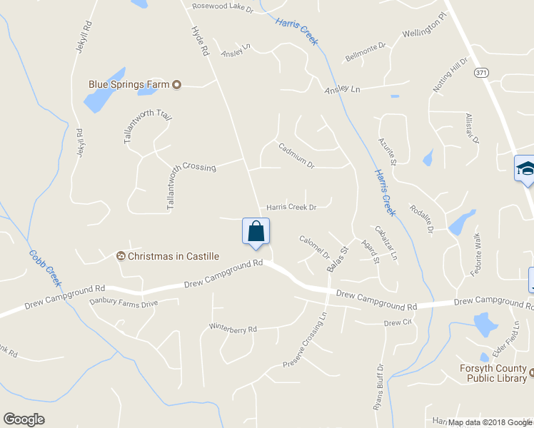 map of restaurants, bars, coffee shops, grocery stores, and more near 5310 Harris Creek Drive in Cumming