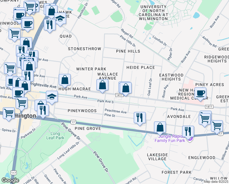 map of restaurants, bars, coffee shops, grocery stores, and more near 5011 Wrightsville Avenue in Wilmington