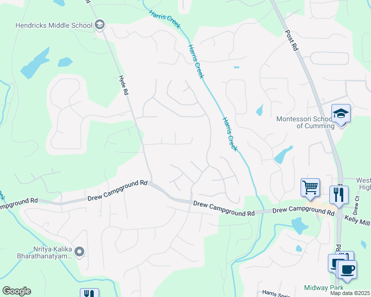 map of restaurants, bars, coffee shops, grocery stores, and more near 5430 Harris Creek Drive in Cumming