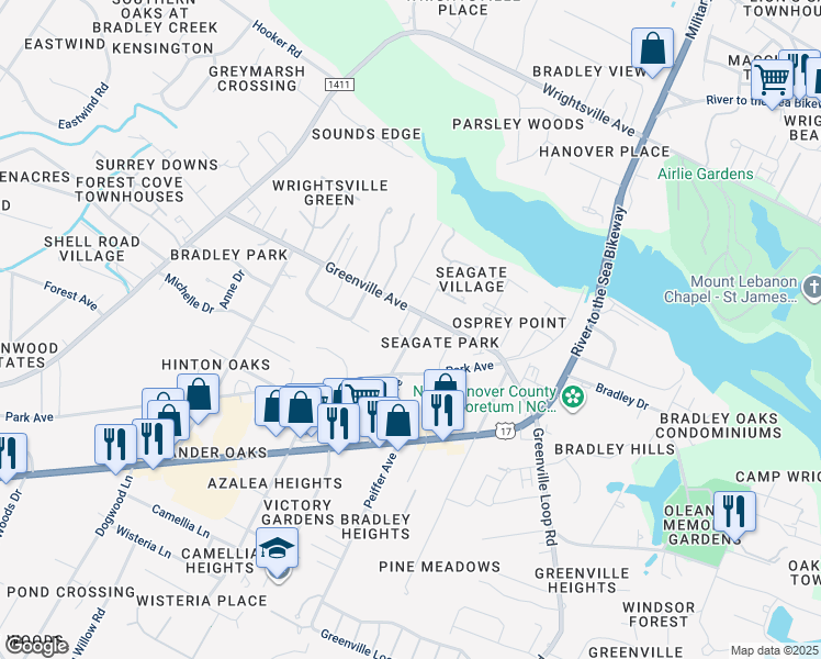 map of restaurants, bars, coffee shops, grocery stores, and more near 119 Myrtle Avenue in Wilmington