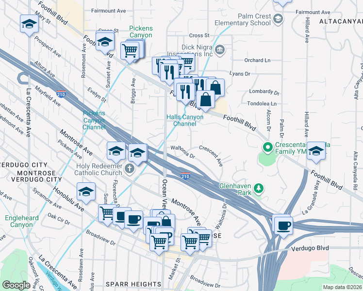 map of restaurants, bars, coffee shops, grocery stores, and more near 2257 Waltonia Drive in La Crescenta-Montrose