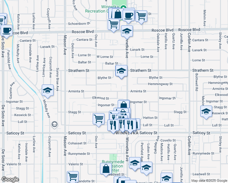 map of restaurants, bars, coffee shops, grocery stores, and more near 20448 Arminta Street in Los Angeles