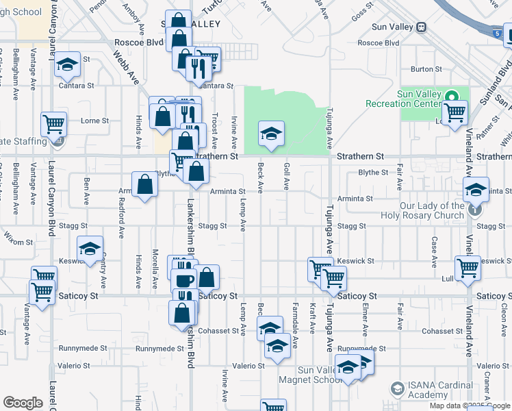 map of restaurants, bars, coffee shops, grocery stores, and more near 7837 Beck Avenue in Los Angeles
