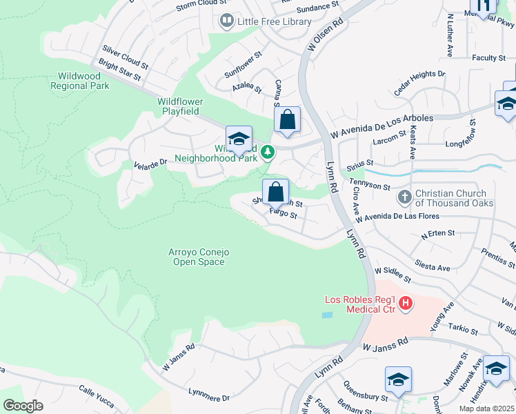 map of restaurants, bars, coffee shops, grocery stores, and more near 659 Flaming Star Avenue in Thousand Oaks