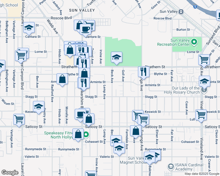 map of restaurants, bars, coffee shops, grocery stores, and more near 7837 Beck Avenue in Los Angeles