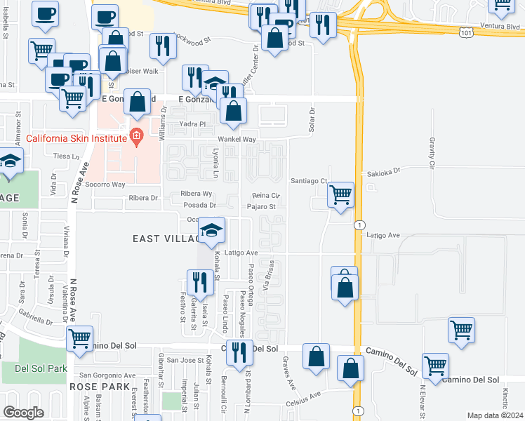 map of restaurants, bars, coffee shops, grocery stores, and more near 2232 Pajaro Street in Oxnard