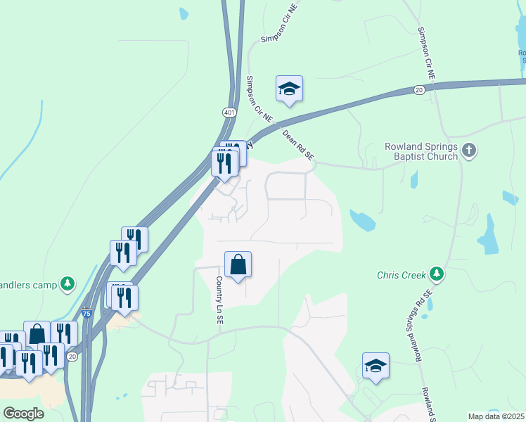 map of restaurants, bars, coffee shops, grocery stores, and more near 52 East Boxwood Drive Southeast in Cartersville